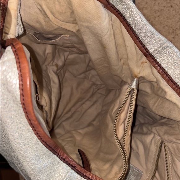 J.Crew Metallic Beacon Tote Bag Silver Brown Leather Studded Handle Large Size - Picture 9 of 14